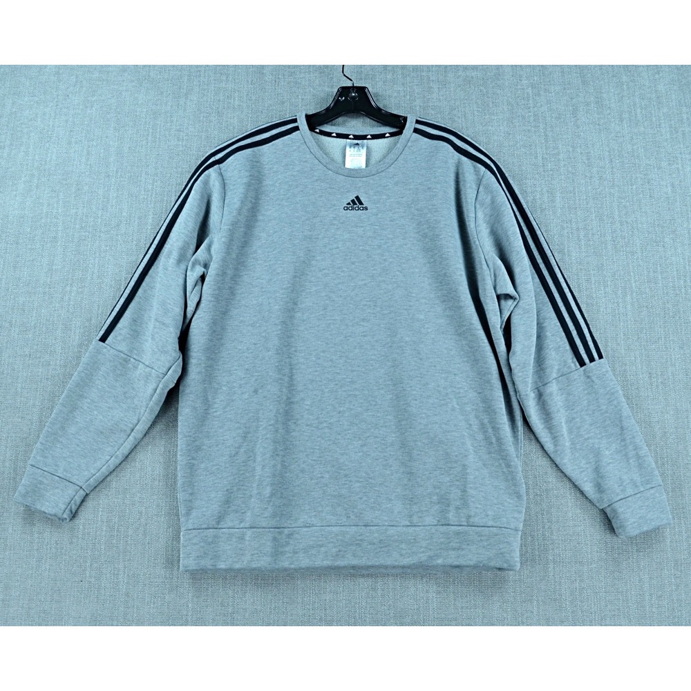 Adidas Sweatshirt Men's XL Gray Crew Neck Three Stripes Pullover Long Sleeve